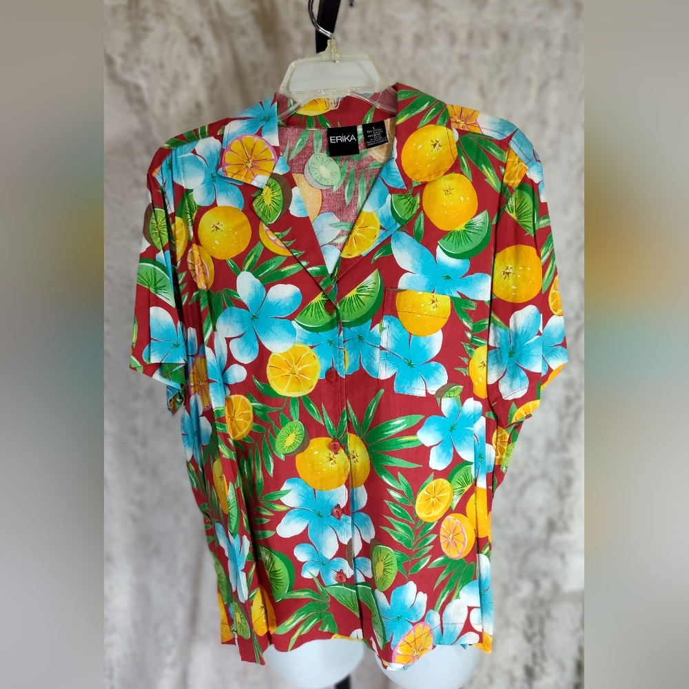 Erika Red Yellow Fruit Print Camp Shirt NWOT